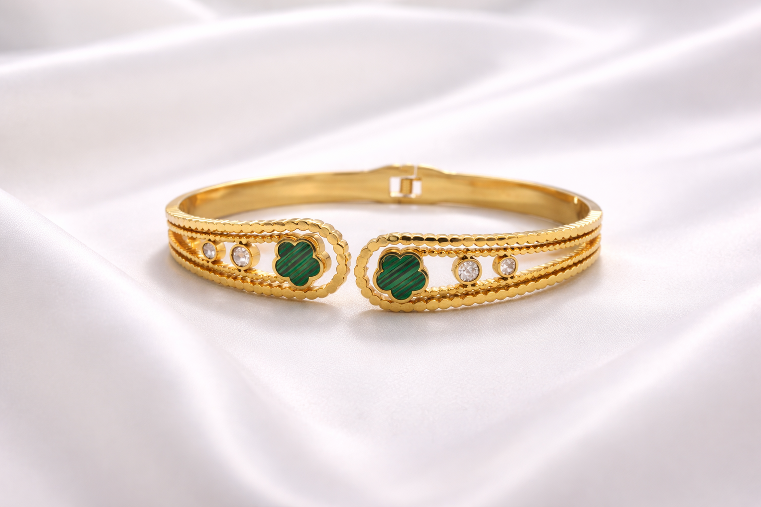 Luxury Gold Bracelet with Green Clover & Crystal Detailing